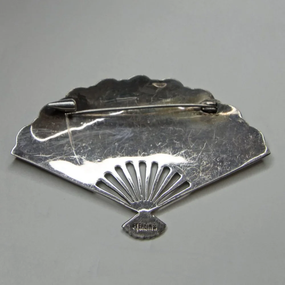 Vintage Sterling Silver with Black Fan Brooch